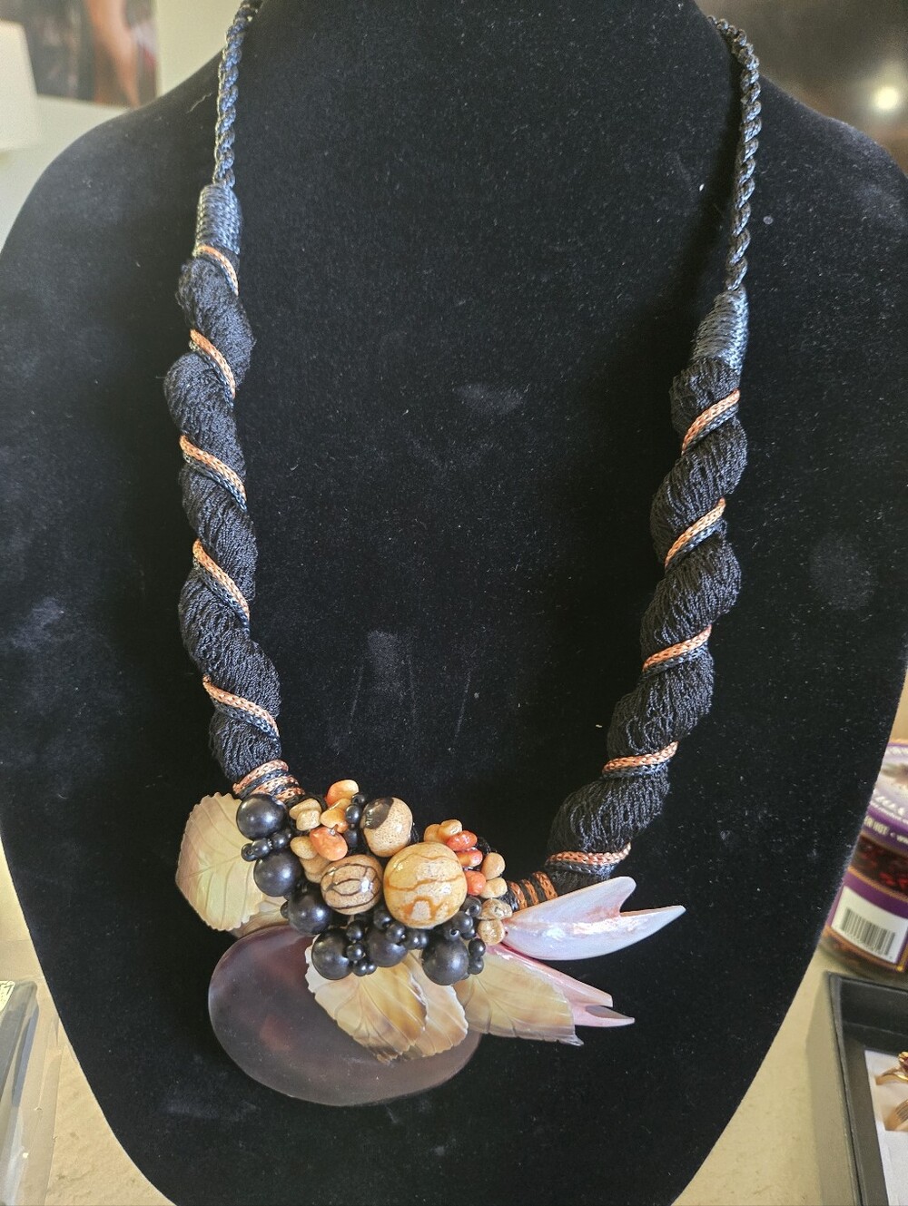 Handcrafted Black Rope Necklace with Shell & Bead Pendant